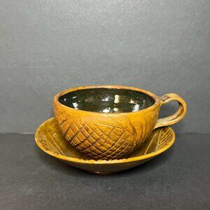 Vintage Brown Ceramic Wood Look Textured Geometric Pattern Teacup & Saucer Set